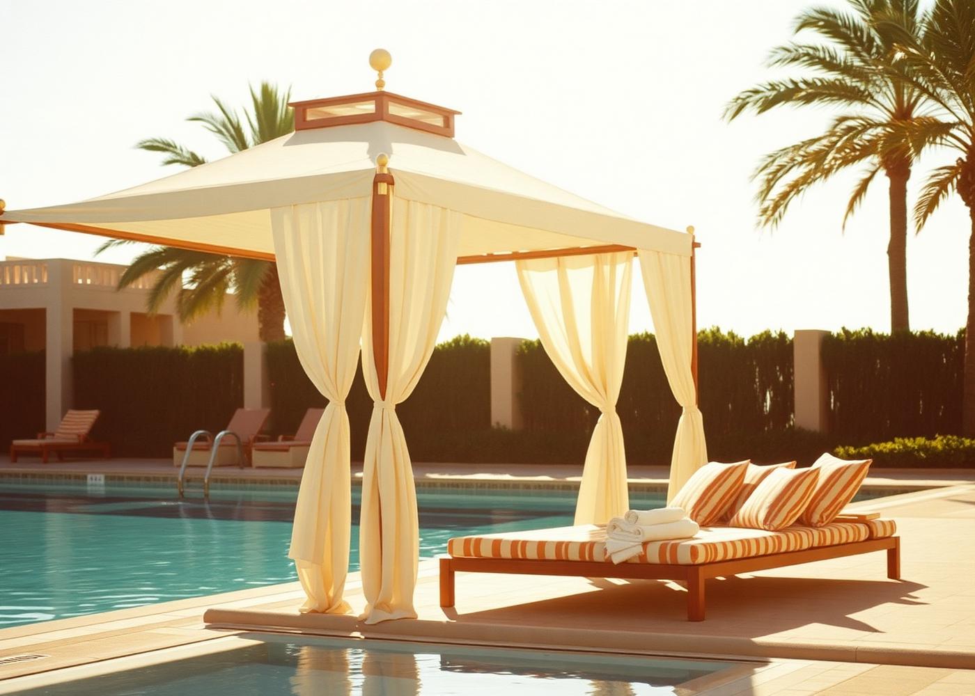 Poolside cabana in warm afternoon light